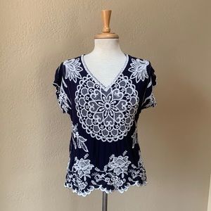 Gorgeous embroidered navy blue v-neck blouse from Solitaire
